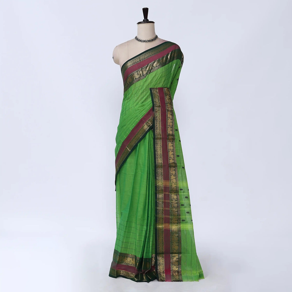 Parrot Green Chettinad Cotton Sarees for Women | Office Wear Daily Wear & Special Occasion | Jeyachandran - Full View