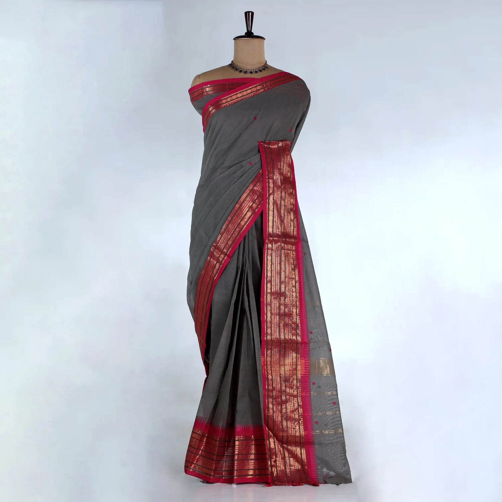 Grey Chettinad Cotton Sarees for Women | Office Wear Daily Wear & Special Occasion | Jeyachandran - Full View