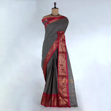 Grey Chettinad Cotton Sarees for Women | Office Wear Daily Wear & Special Occasion | Jeyachandran - Full View