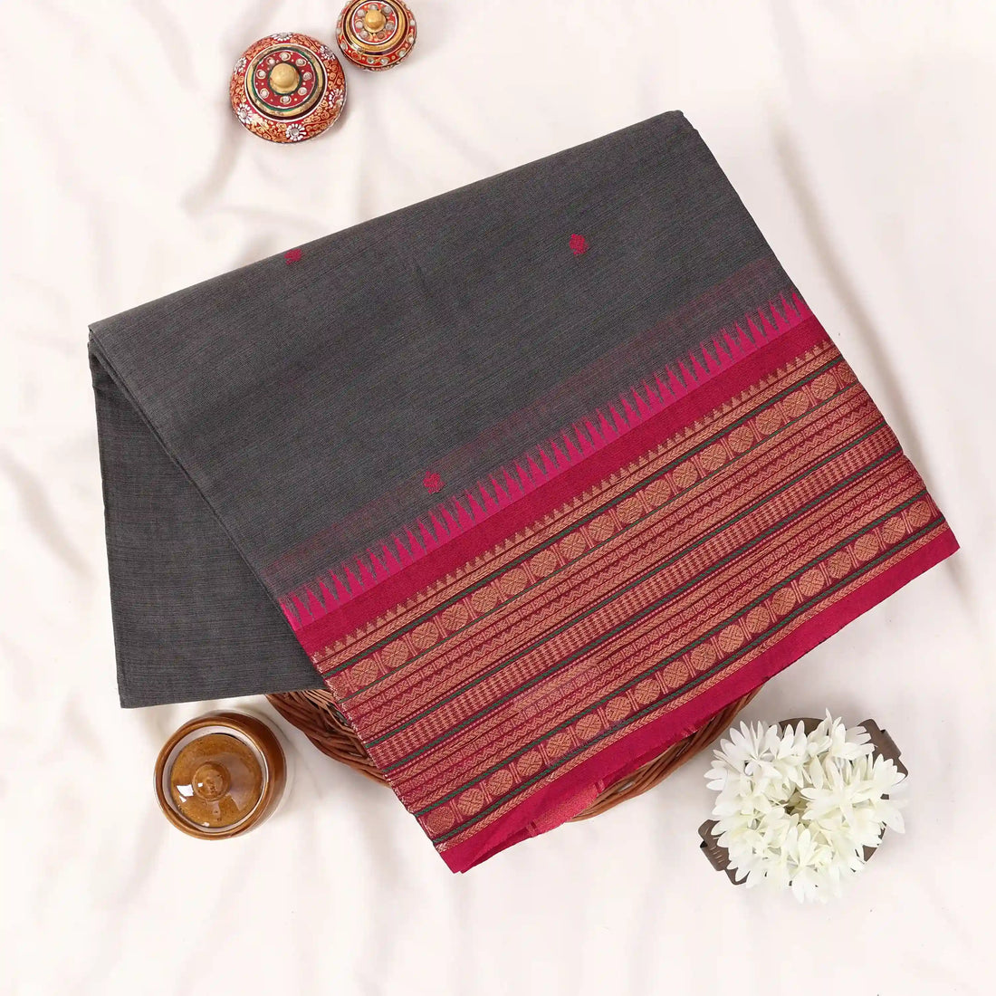 Grey Chettinad Cotton Sarees for Women | Office Wear Daily Wear & Special Occasion | Jeyachandran - Full View