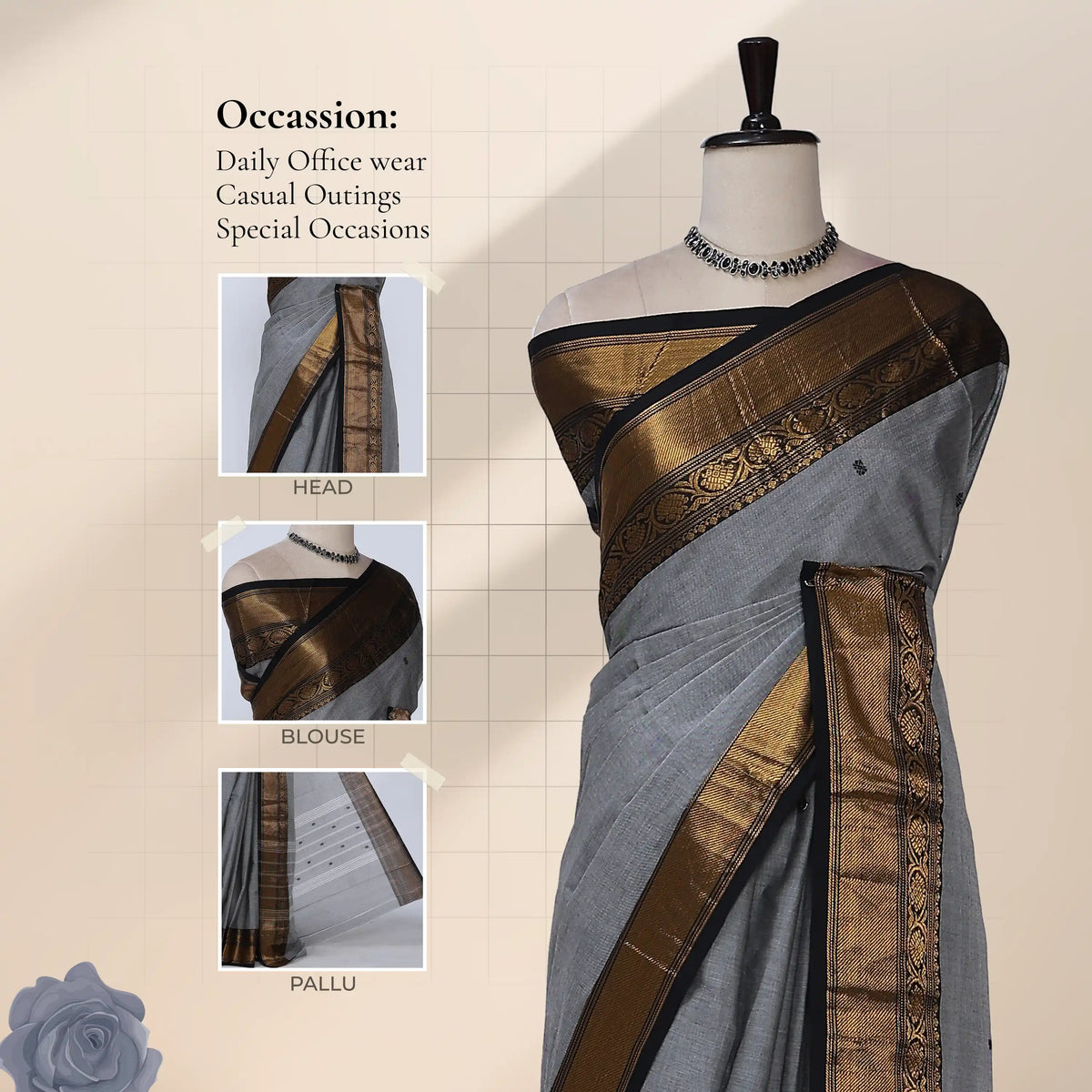 Chettinad cotton saree with grey plain body broad black and gold zari border front draped view on mannequin.