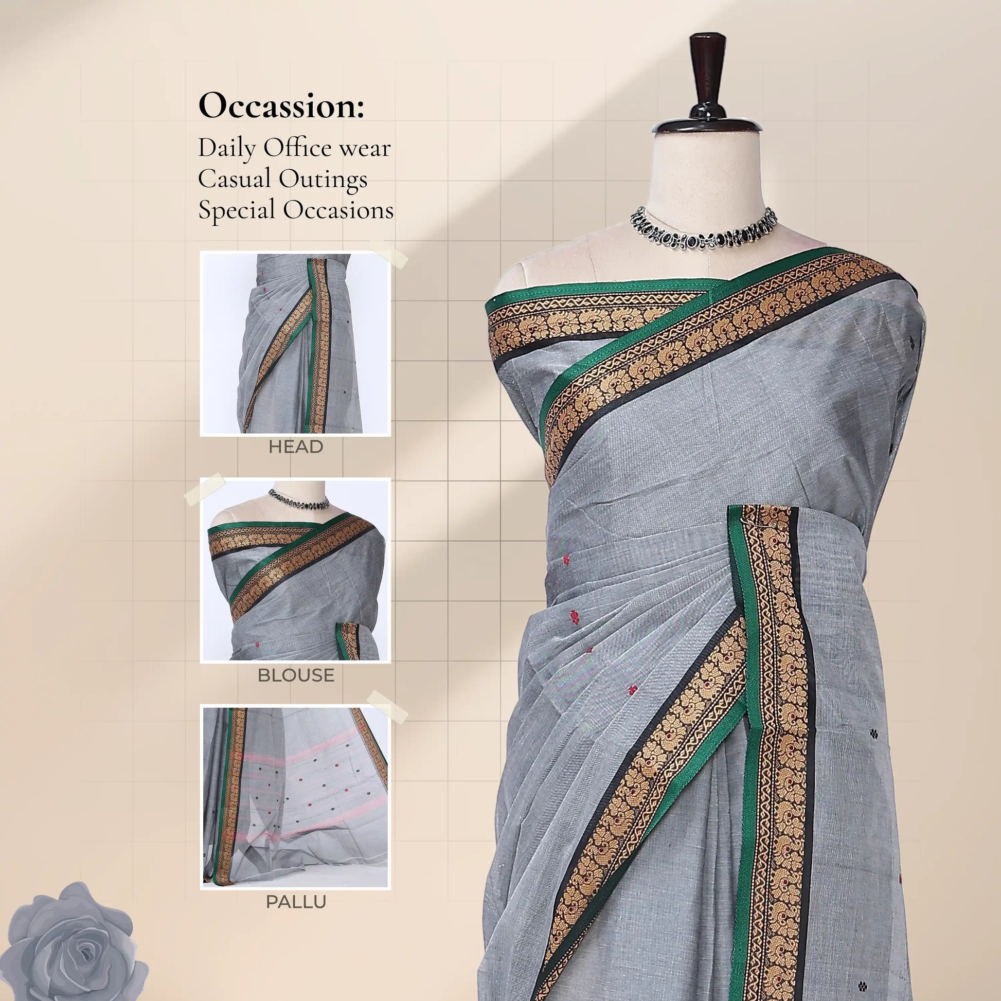 Chettinad cotton saree with grey plain body peacock zari border and butta motifs front draped view on mannequin.