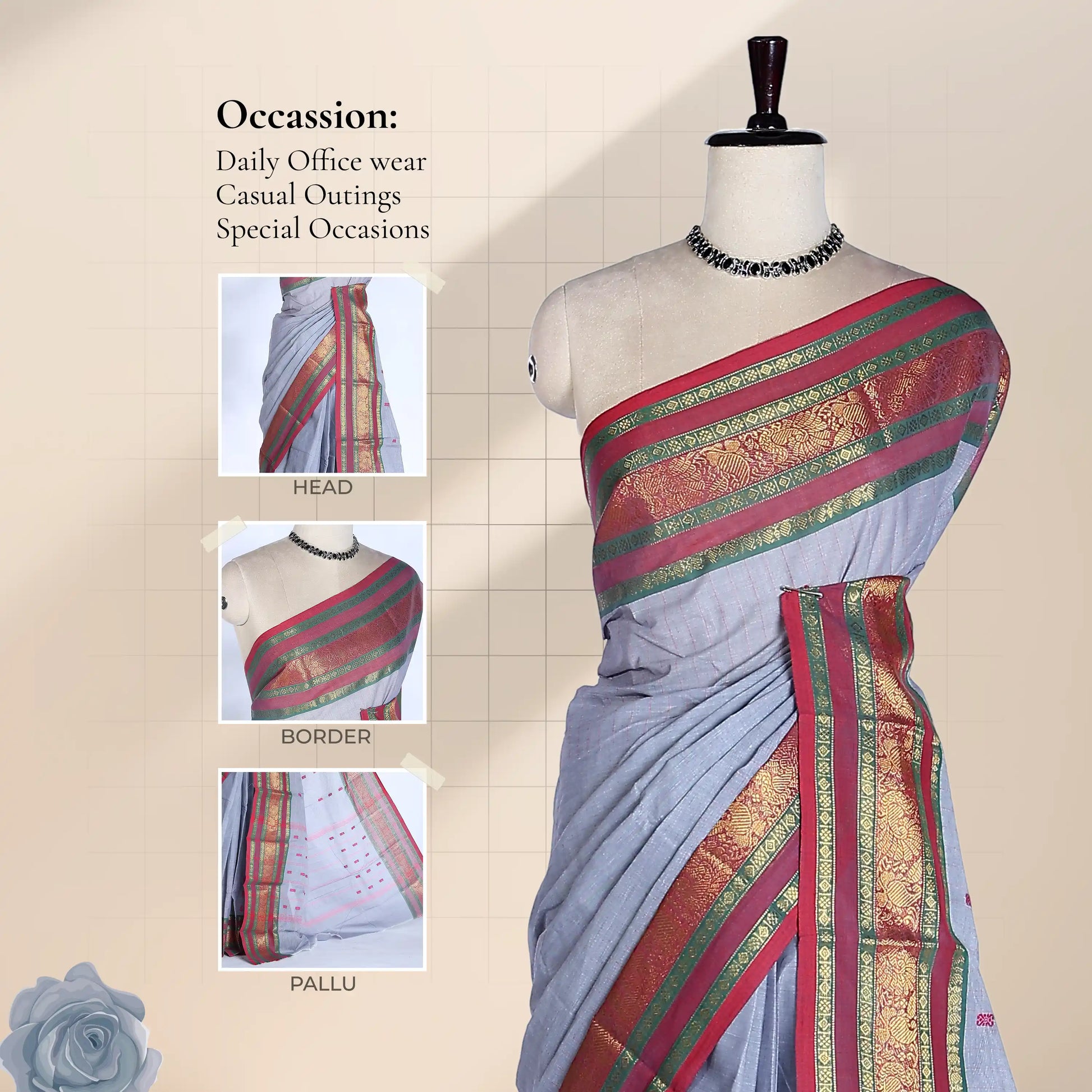 Chettinad cotton saree with striped body peacock zari woven border grey tone front draped mannequin view.