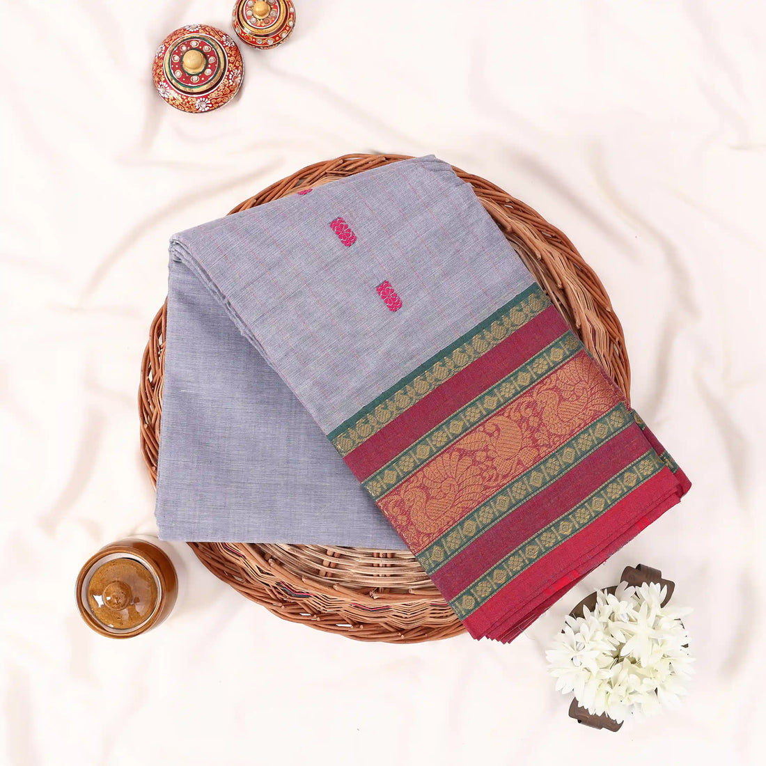 Grey Chettinad Cotton Sarees for Women | Office Wear Daily Wear & Special Occasion | Jeyachandran - Full View
