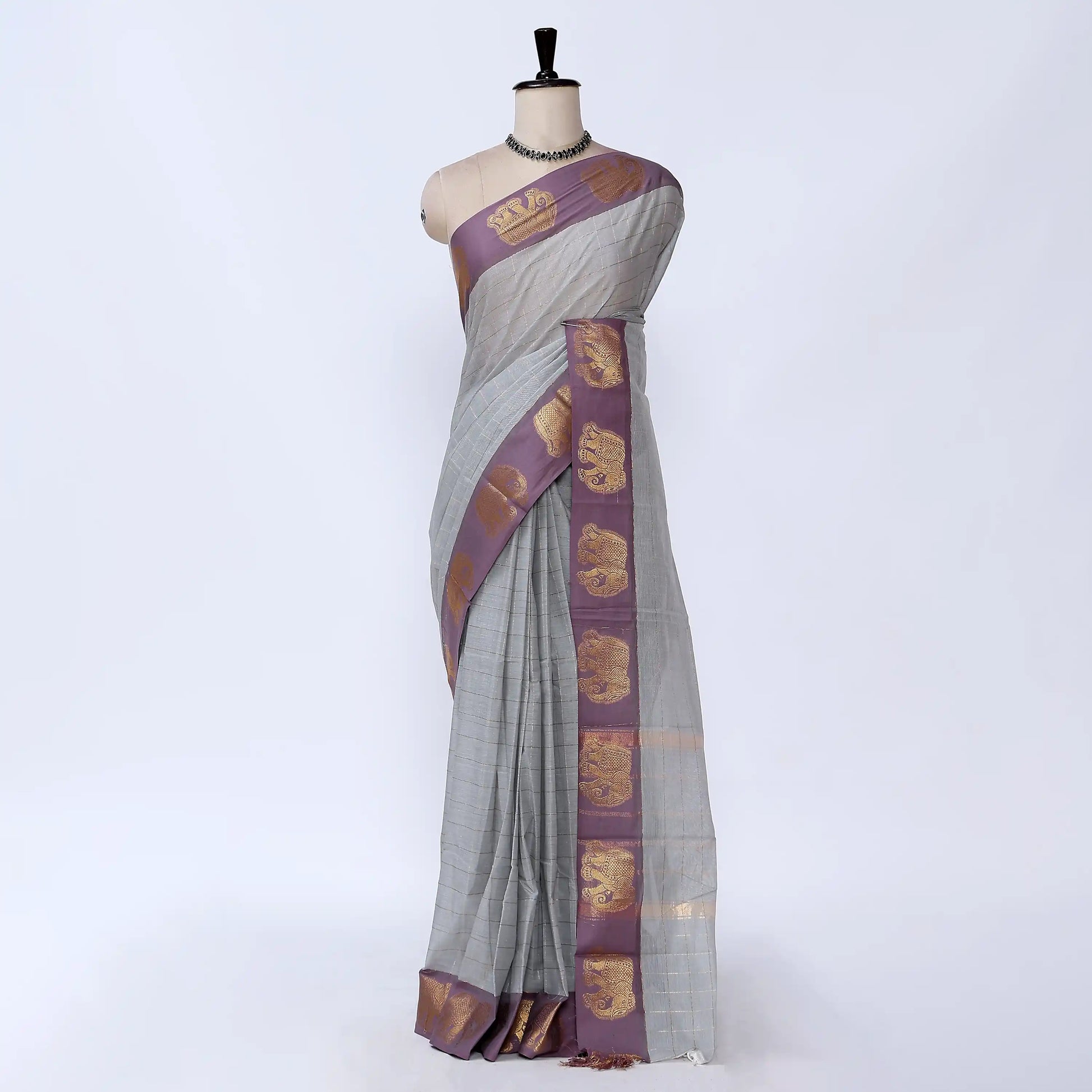 Grey Chettinad Cotton Sarees for Women | Office Wear Daily Wear & Special Occasion | Jeyachandran - Full View