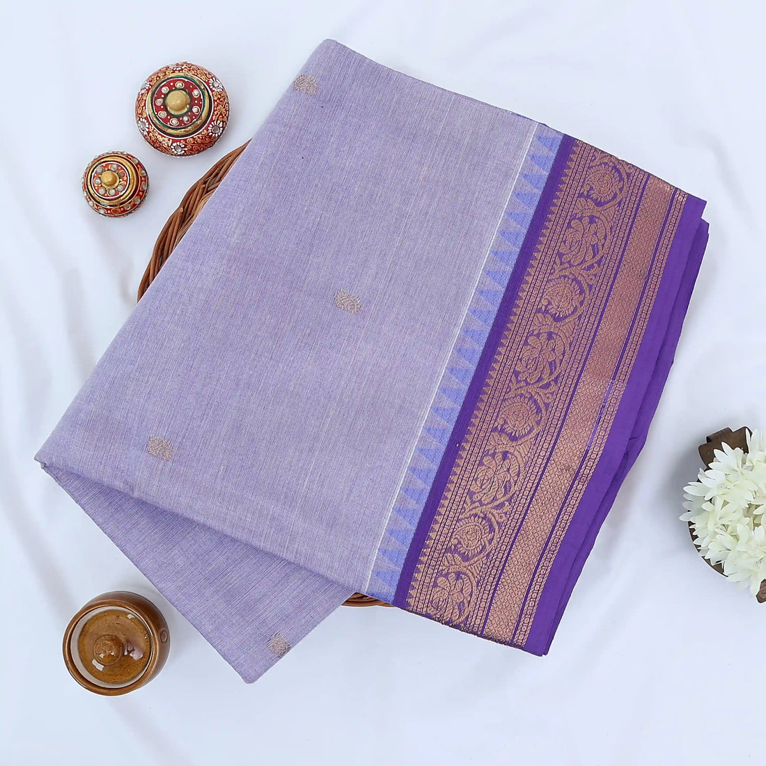 Lavender Chettinad Cotton Sarees for Women | Office Wear Daily Wear & Special Occasion | Jeyachandran - Full View