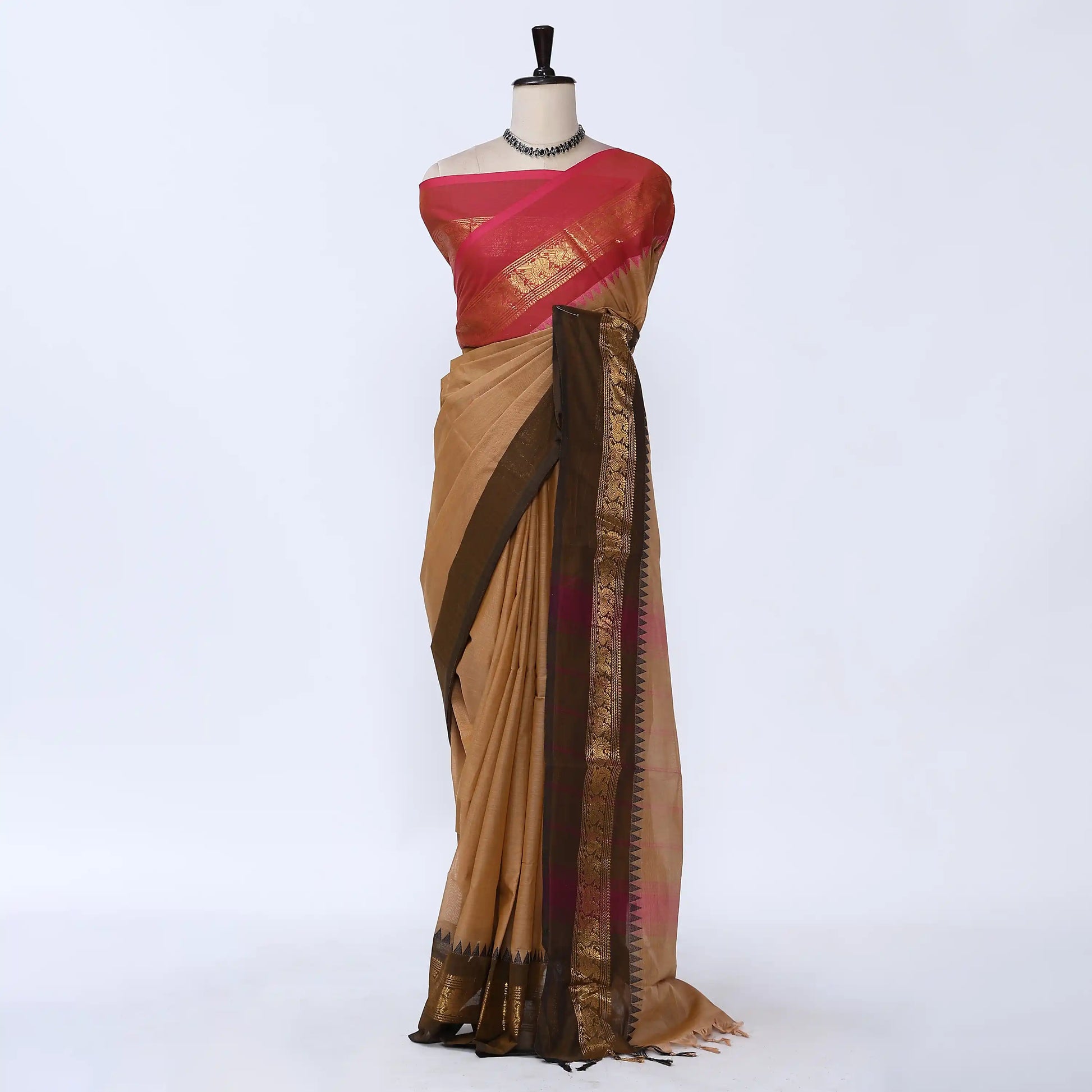 Light Brown Chettinad Cotton Sarees for Women | Office Wear Daily Wear & Special Occasion | Jeyachandran - Full View