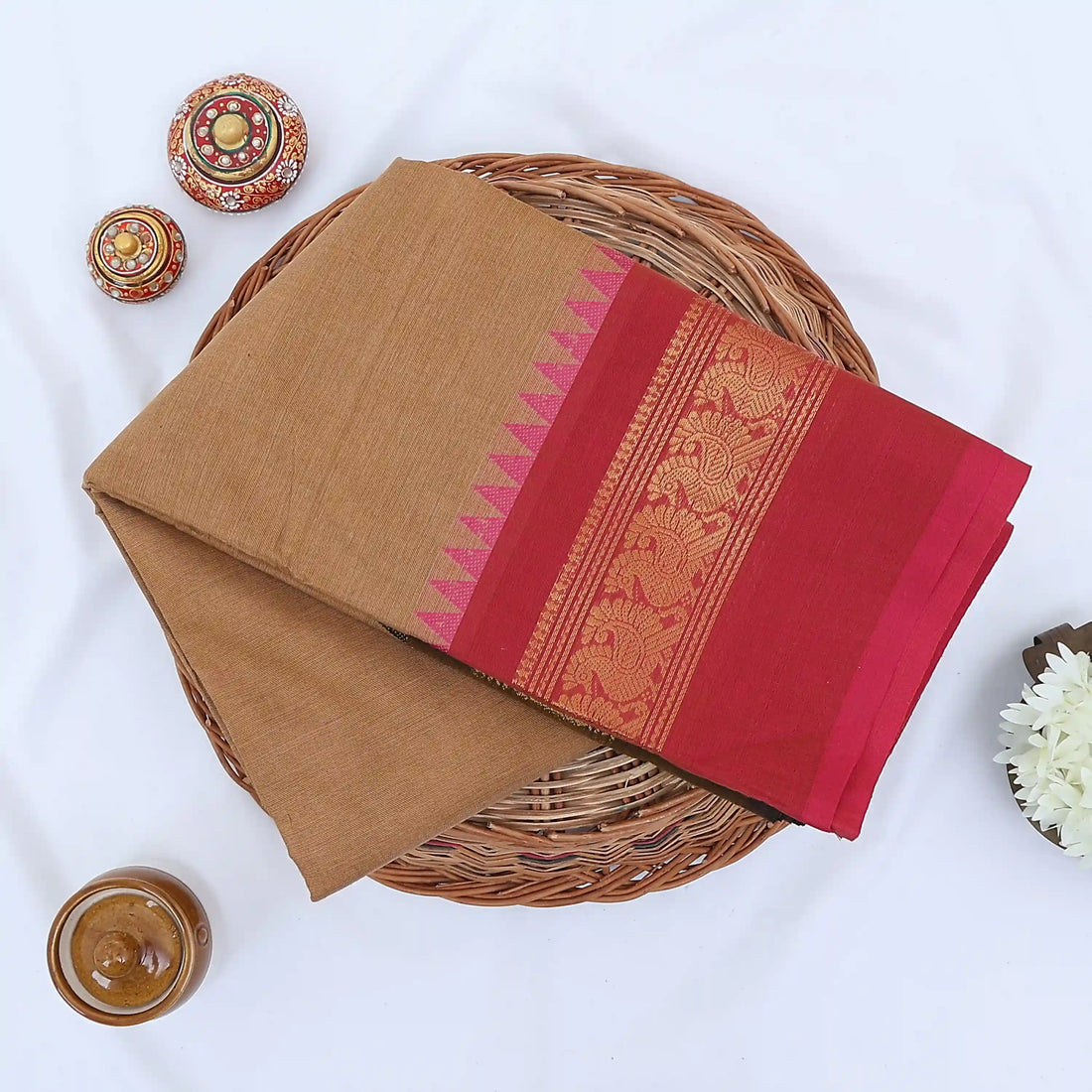 Light Brown Chettinad Cotton Sarees for Women | Office Wear Daily Wear & Special Occasion | Jeyachandran - Full View