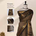Chettinad cotton saree with light brown plain body broad black and gold zari border front draped view on mannequin.