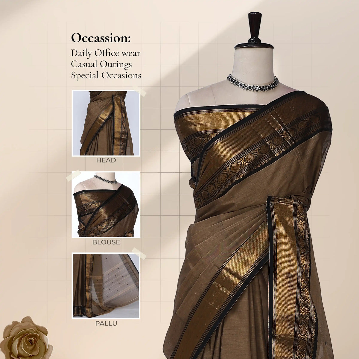 Chettinad cotton saree with light brown plain body broad black and gold zari border front draped view on mannequin.
