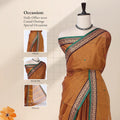 Chettinad cotton saree with light brown plain body peacock zari border and butta motifs front draped view on mannequin.