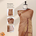 Chettinad cotton saree with light brown body contrast maroon gold zari border and butta motifs front mannequin view