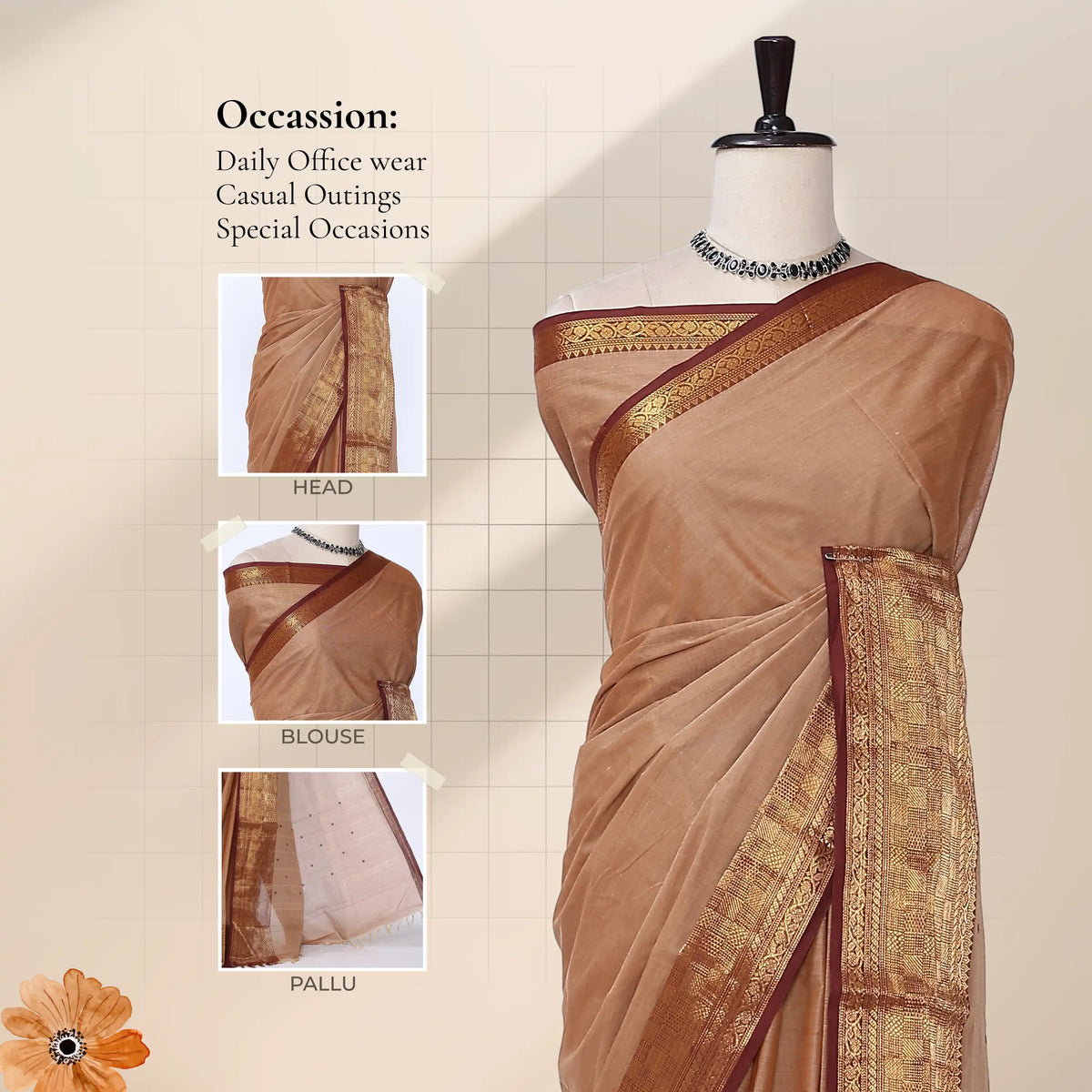 Chettinad cotton saree with light brown body contrast maroon gold zari border and butta motifs front mannequin view