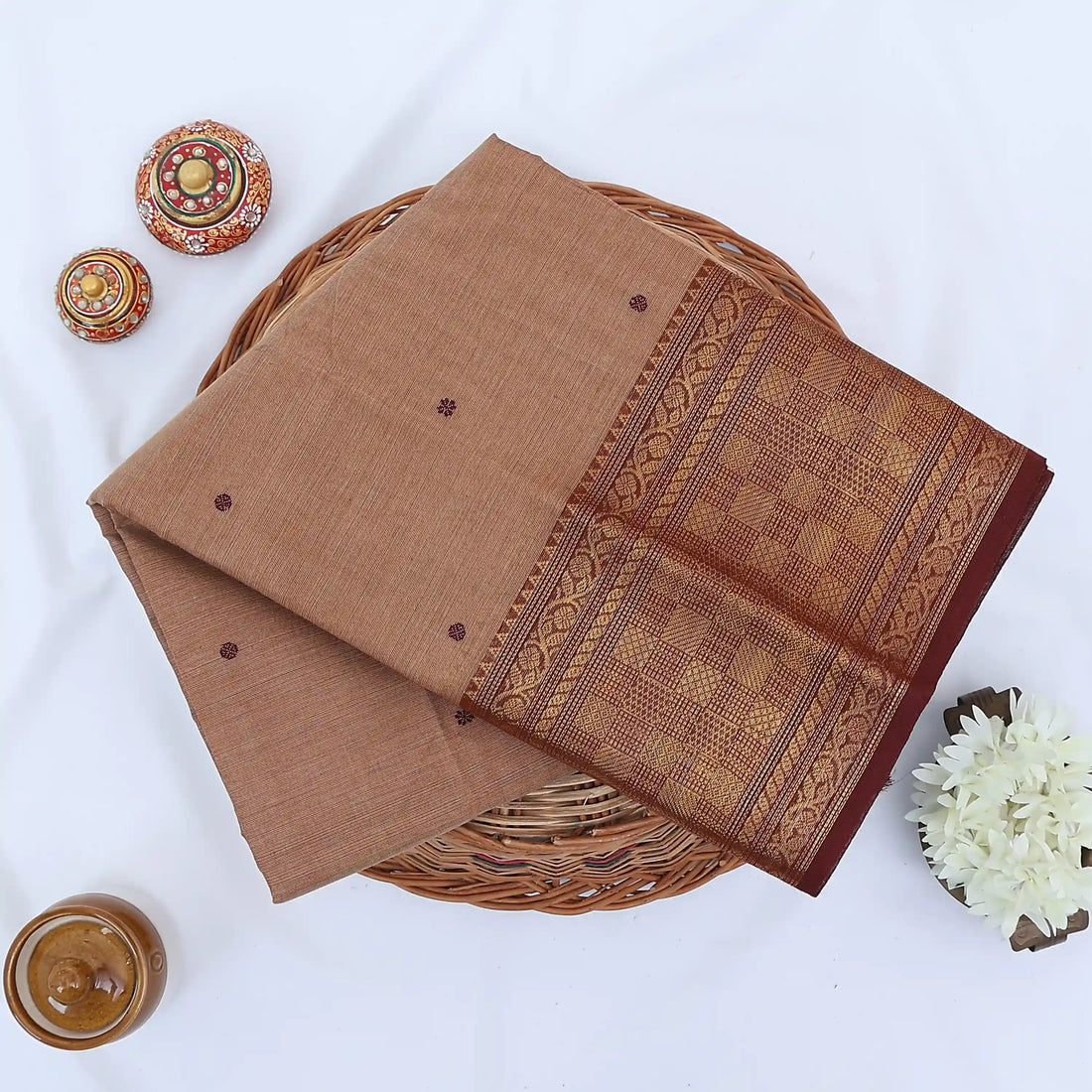 Light Brown Chettinad Cotton Sarees for Women | Office Wear Daily Wear & Special Occasion | Jeyachandran - Full View