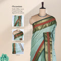 Chettinad cotton saree with checked body peacock zari woven border contrast pallu and front draped mannequin view.