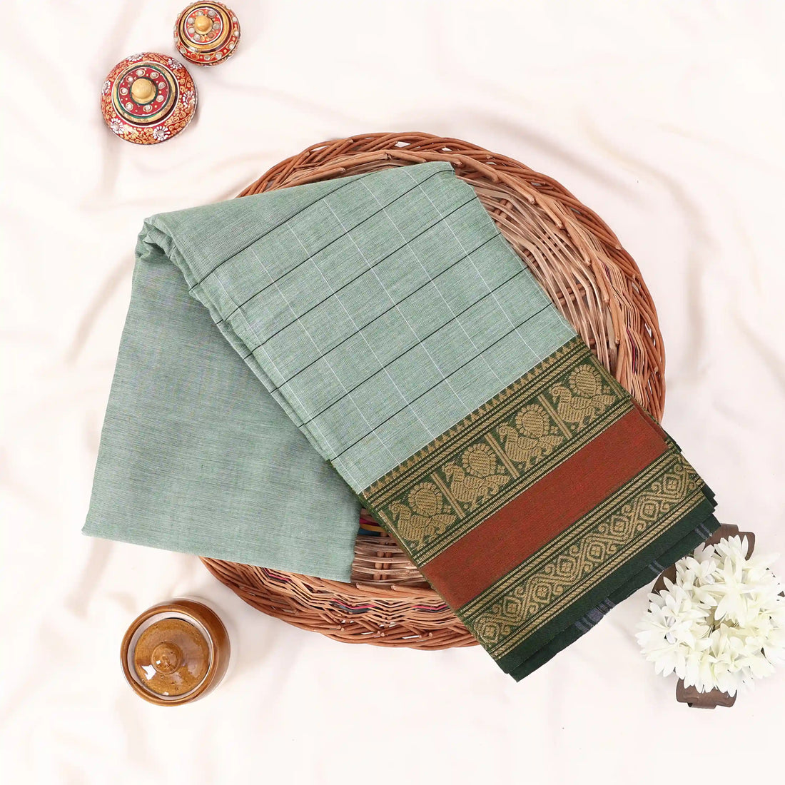 Light Green Chettinad Cotton Sarees for Women | Office Wear Daily Wear & Special Occasion | Jeyachandran - Full View