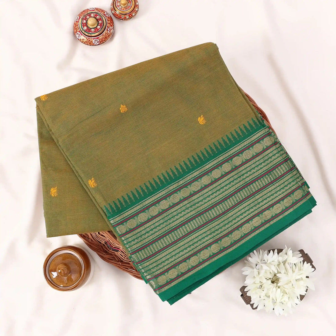 Green Chettinad Cotton Sarees for Women | Office Wear Daily Wear & Special Occasion | Jeyachandran - Full View
