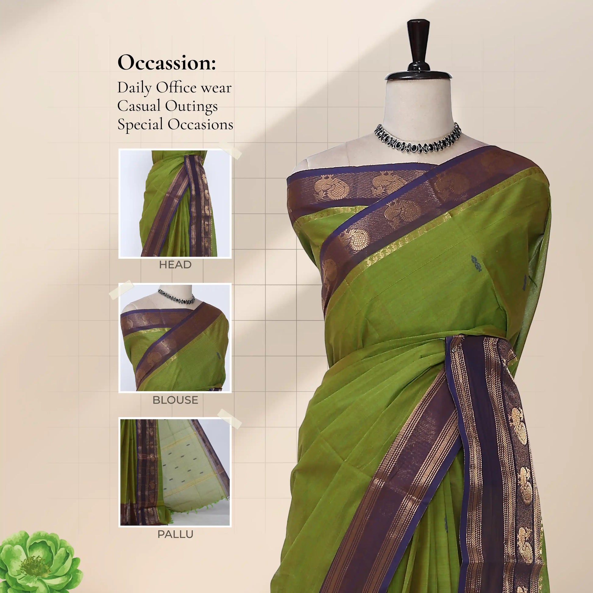 Chettinad cotton saree with peacock zari woven border olive green plain body and contrast pallu front draped view on mannequin.