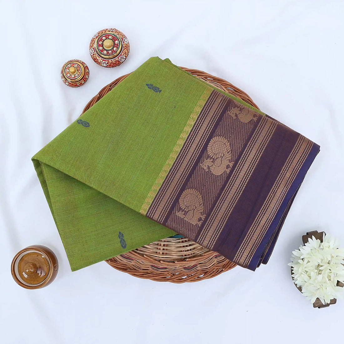 Green Chettinad Cotton Sarees for Women | Office Wear Daily Wear & Special Occasion | Jeyachandran - Full View