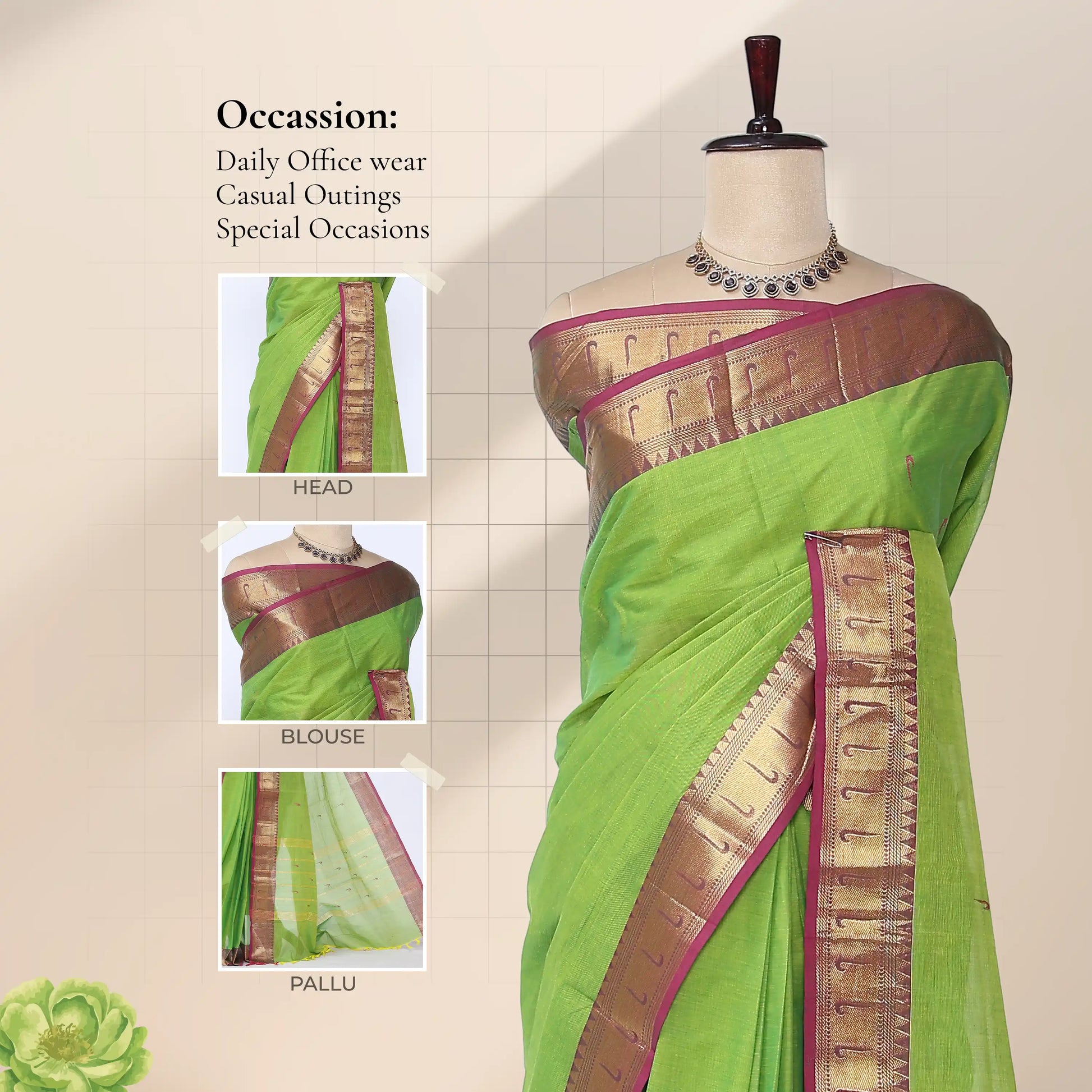 Chettinad cotton saree with green body contrast pink zari border and butta motifs front draped view on mannequin.