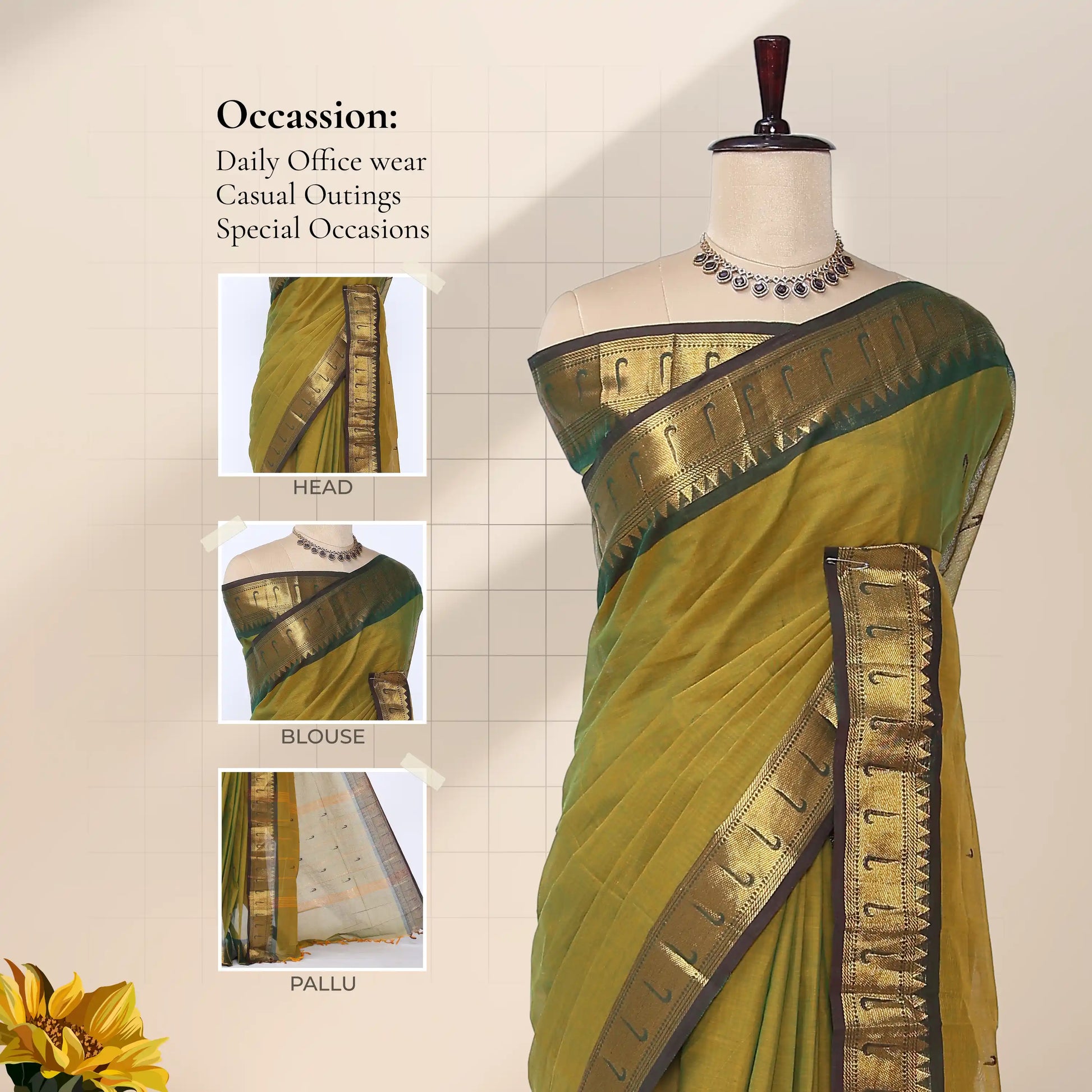 Chettinad cotton saree with olive body contrast green zari border and butta motifs front draped view on mannequin.