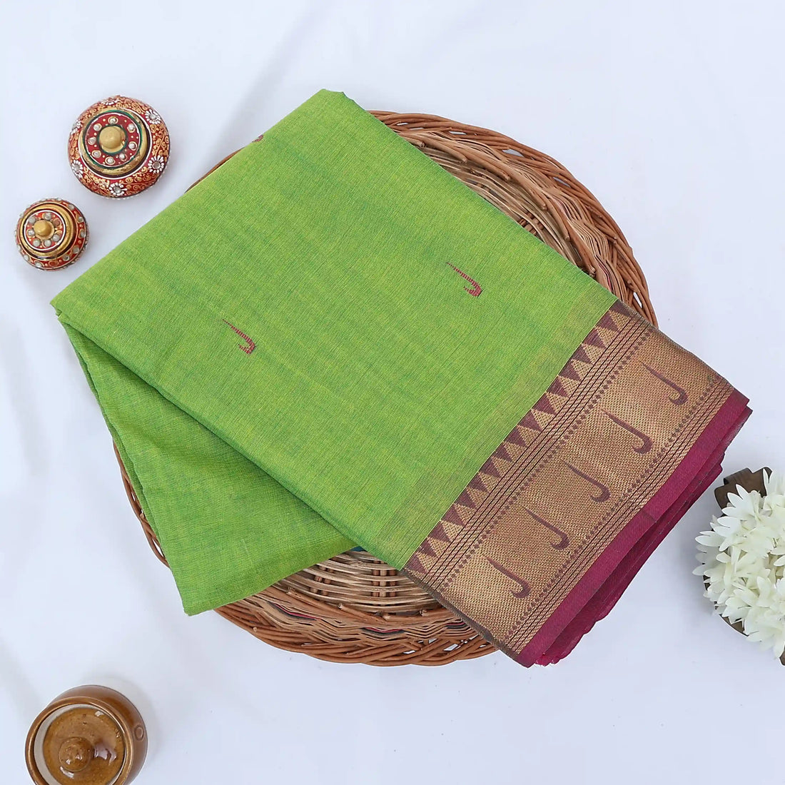 Light Green Chettinad Cotton Sarees for Women | Office Wear Daily Wear & Special Occasion | Jeyachandran - Full View