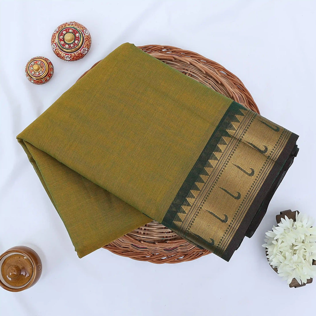 Olive Green Chettinad Cotton Sarees for Women | Office Wear Daily Wear & Special Occasion | Jeyachandran - Full View