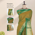 Chettinad cotton saree with light green body contrast purple gold zari border and butta motifs front mannequin view