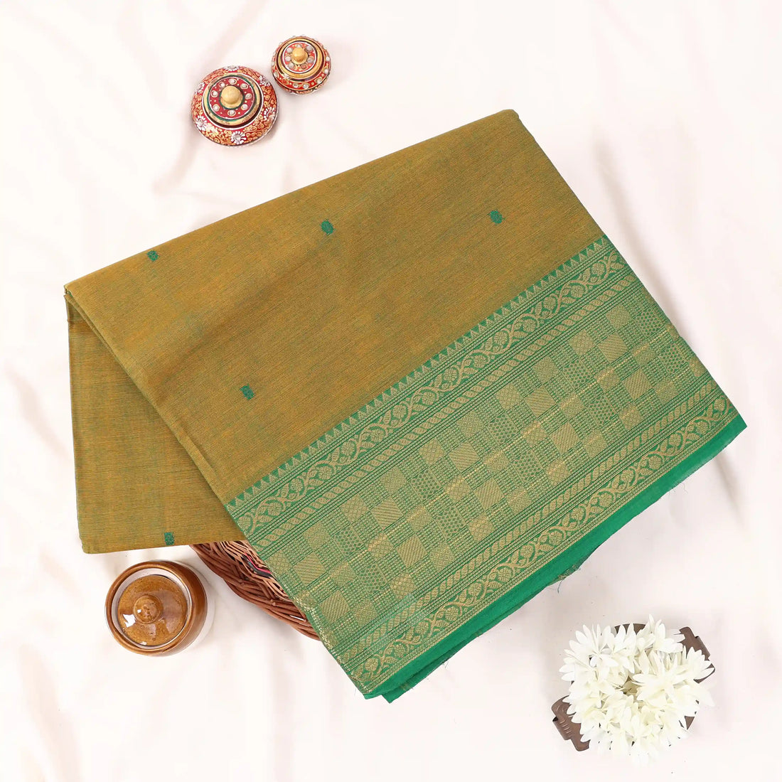 Light Green Chettinad Cotton Sarees for Women | Office Wear Daily Wear & Special Occasion | Jeyachandran - Full View