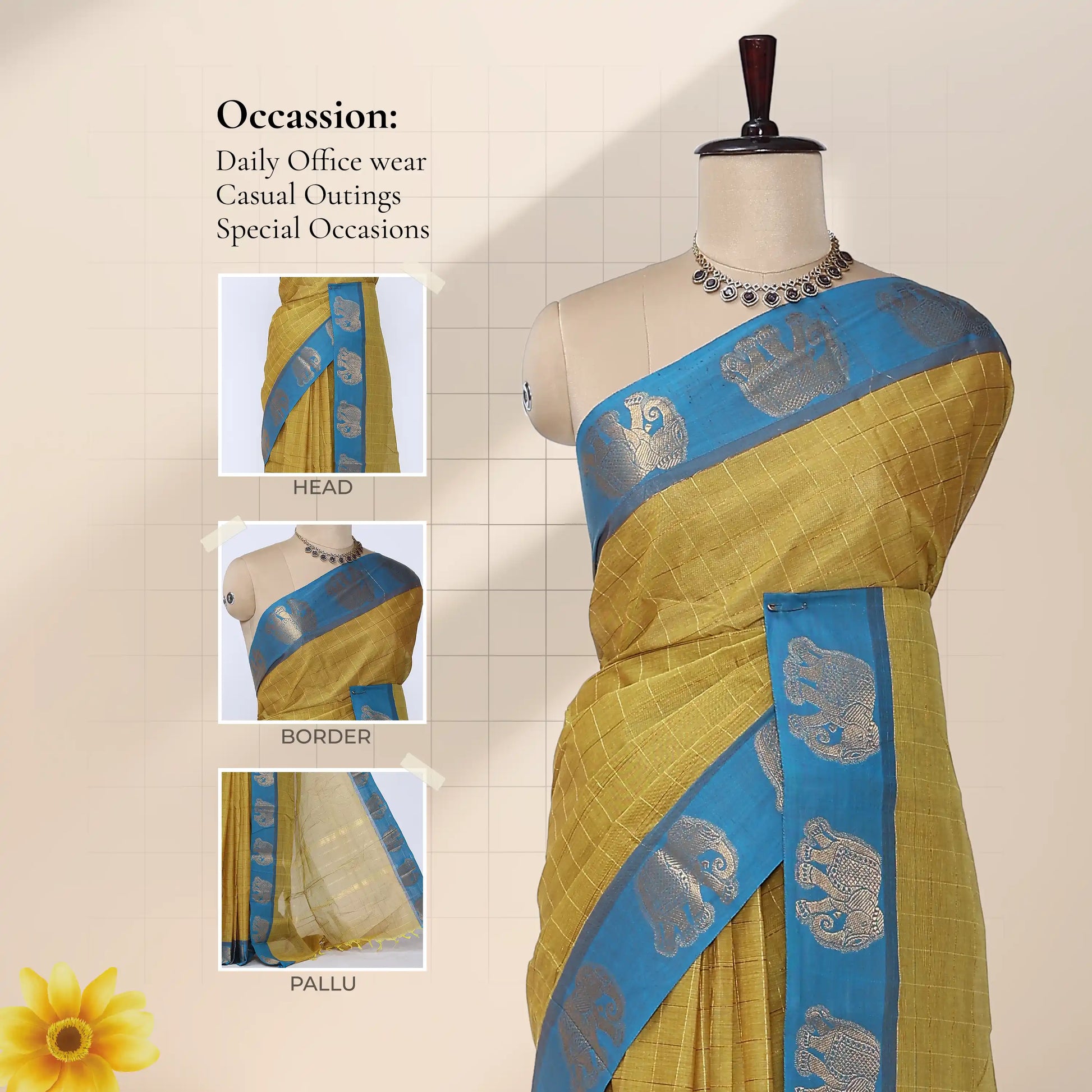 Chettinad cotton saree with elephant zari woven border in yellow and sky blue front draped view on mannequin