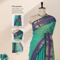Chettinad cotton saree with checked body peacock zari woven border contrast pallu and front draped mannequin view.