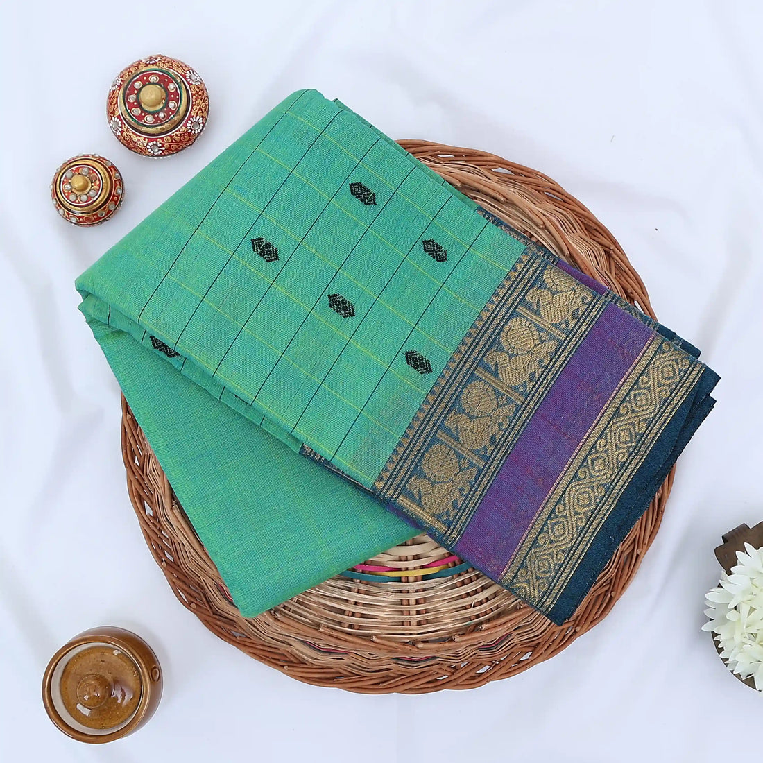Green Chettinad Cotton Sarees for Women | Office Wear Daily Wear & Special Occasion | Jeyachandran - Full View