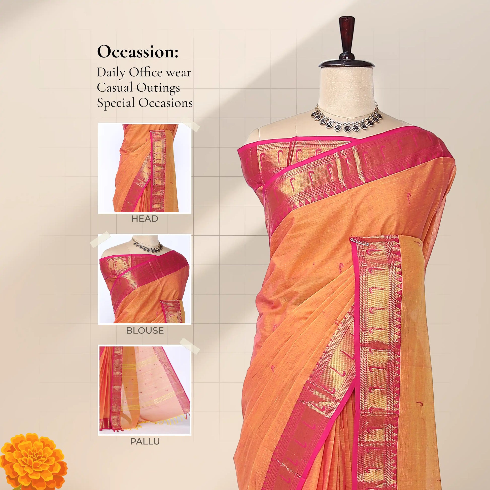 Chettinad cotton saree with orange body contrast pink zari border and butta motifs front draped view on mannequin.
