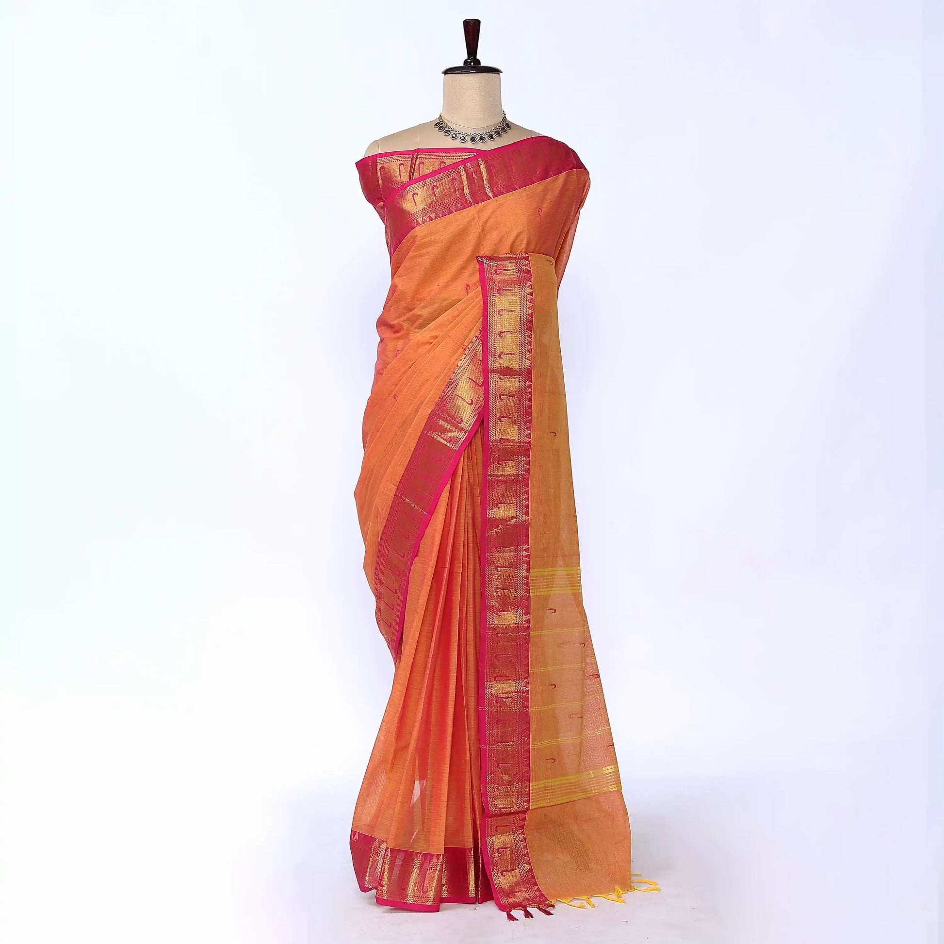 Orange Chettinad Cotton Sarees for Women | Office Wear Daily Wear & Special Occasion | Jeyachandran - Full View