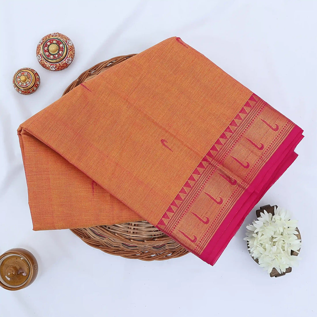 Orange Chettinad Cotton Sarees for Women | Office Wear Daily Wear & Special Occasion | Jeyachandran - Full View