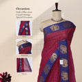 Chettinad cotton saree with checked body elephant zari border in maroon and blue front draped mannequin view.