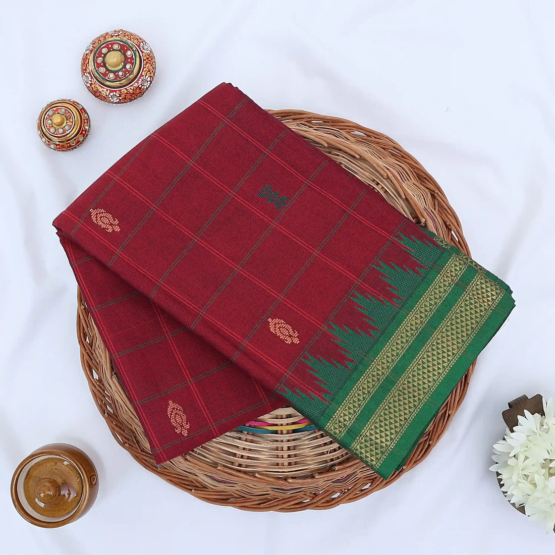 Maroon Chettinad Cotton Sarees for Women | Office Wear Daily Wear & Special Occasion | Jeyachandran - Full View
