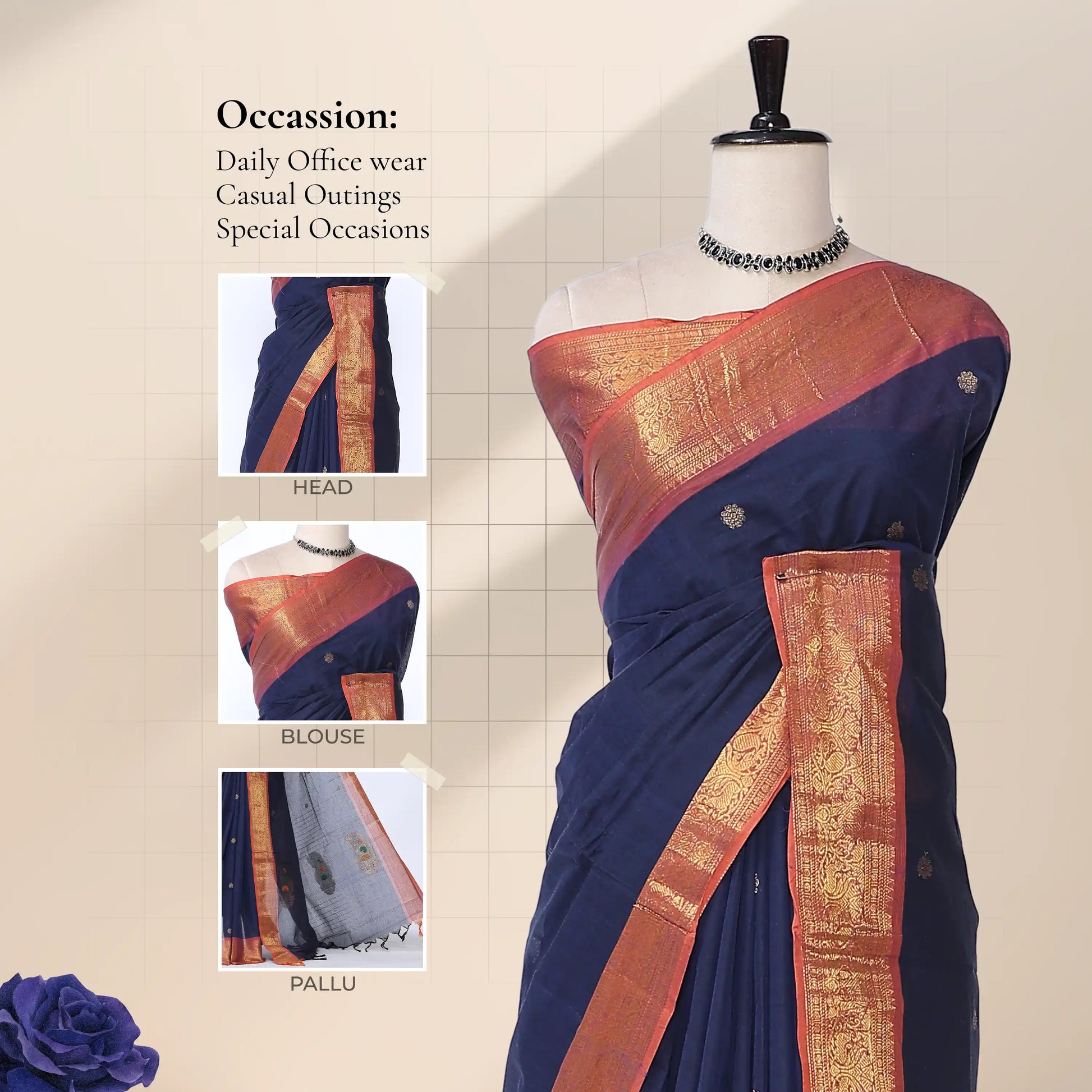 Chettinad cotton saree with broad floral zari border navy plain body with subtle buttas front draped view on mannequin.