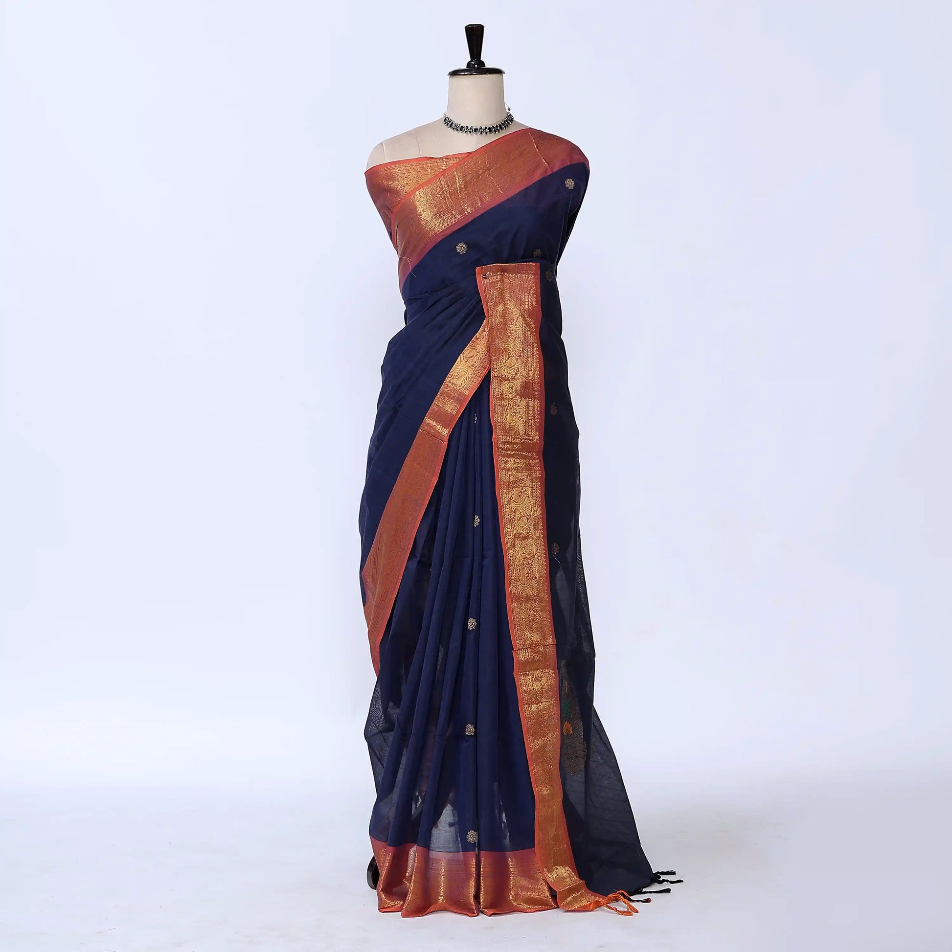 Navy Blue Chettinad Cotton Sarees for Women | Office Wear Daily Wear & Special Occasion | Jeyachandran - Full View