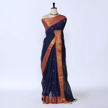 Navy Blue Chettinad Cotton Sarees for Women | Office Wear Daily Wear & Special Occasion | Jeyachandran - Full View