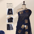 Chettinad cotton saree with elephant zari woven border in navy blue front draped view on mannequin