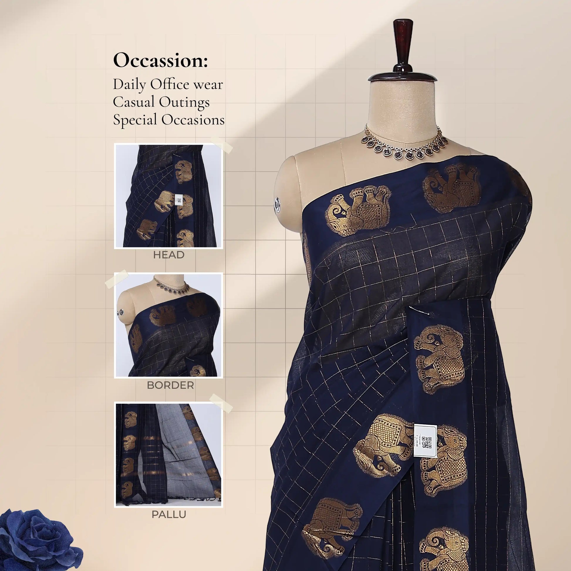 Chettinad cotton saree with elephant zari woven border in navy blue front draped view on mannequin