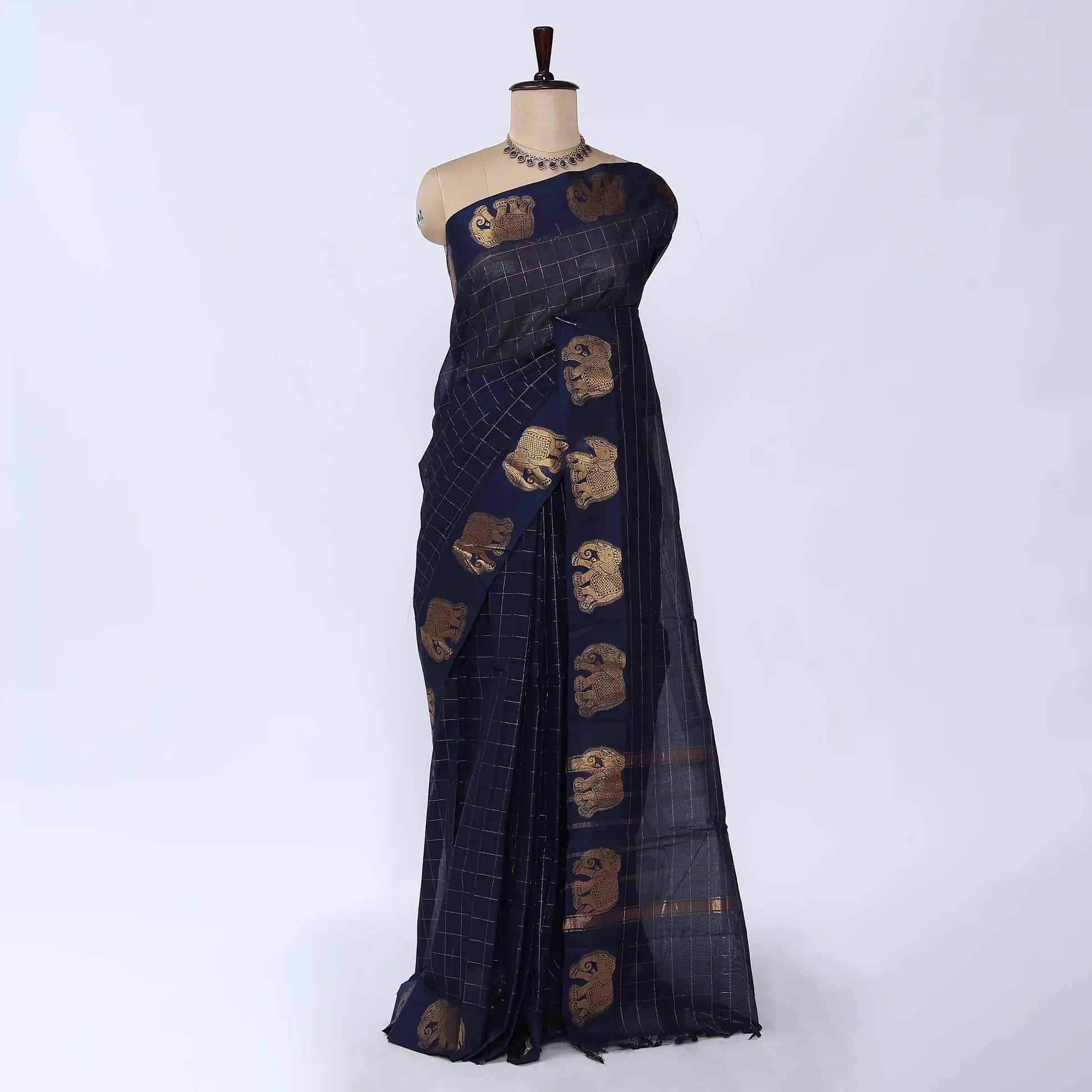 Navy Blue Chettinad Cotton Sarees for Women | Office Wear Daily Wear & Special Occasion | Jeyachandran - Full View