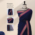 Chettinad cotton saree with navy plain body peacock zari border and butta motifs front draped view on mannequin.
