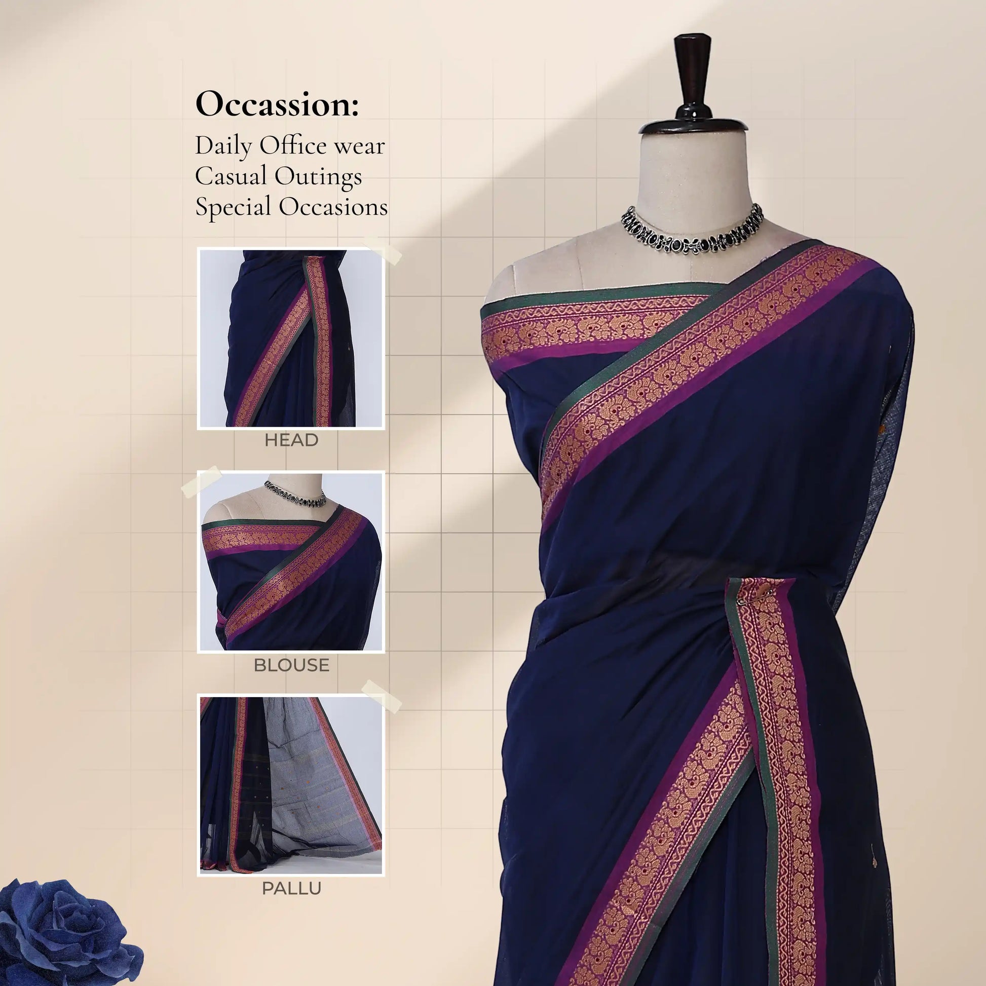 Chettinad cotton saree with navy plain body peacock zari border and butta motifs front draped view on mannequin.