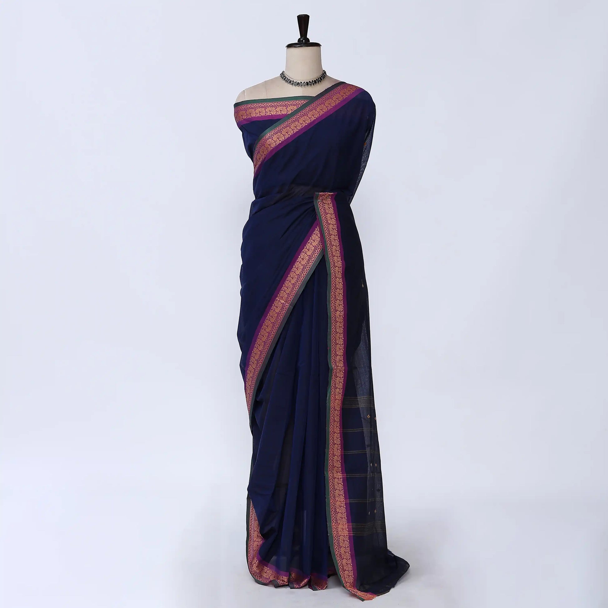 Navy Blue Chettinad Cotton Sarees for Women | Office Wear Daily Wear & Special Occasion | Jeyachandran - Full View