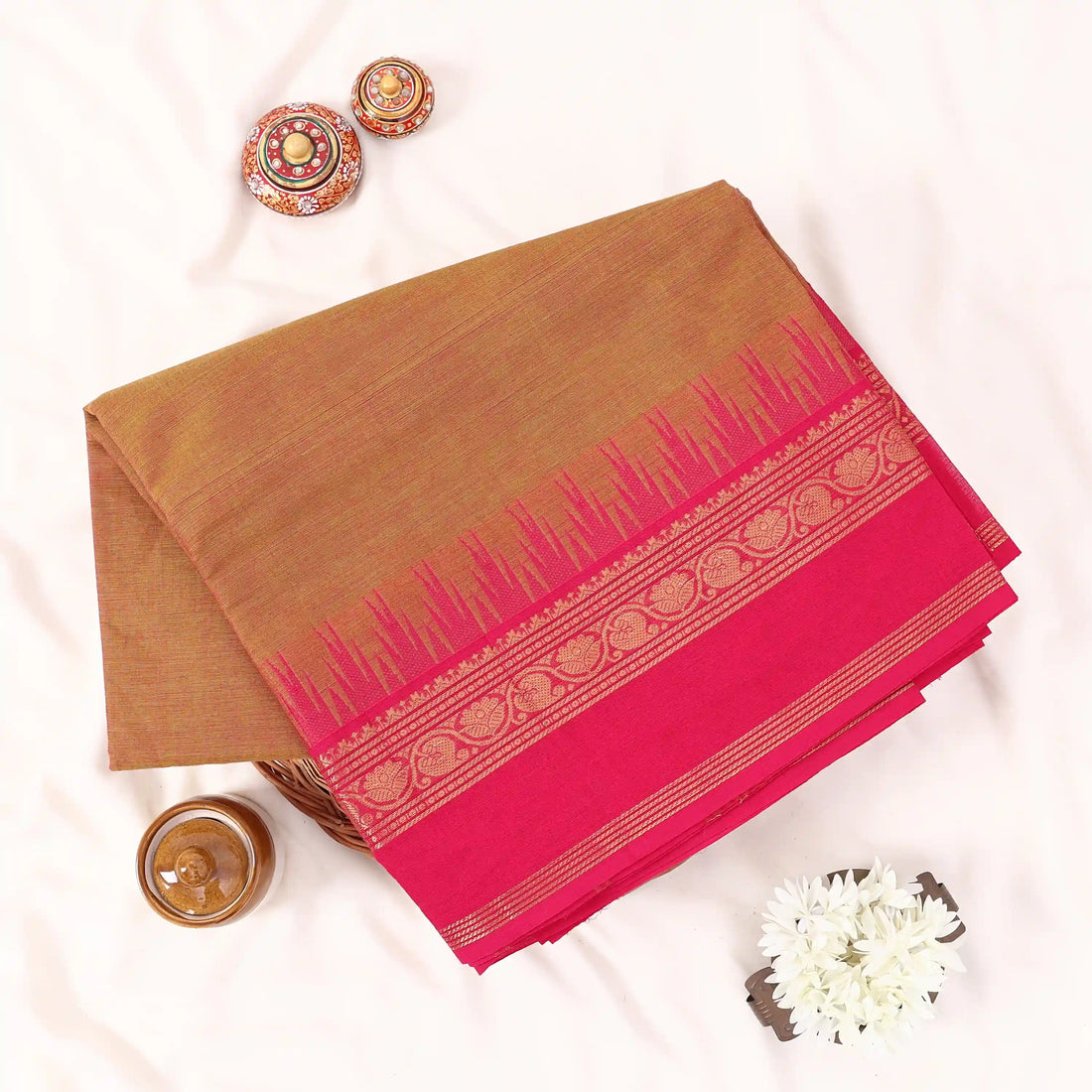 Olive Green Chettinad Cotton Sarees for Women | Office Wear Daily Wear & Special Occasion | Jeyachandran - Full View