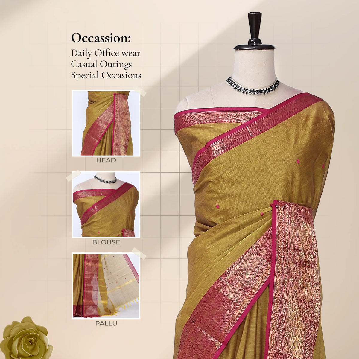 Chettinad cotton saree with olive green body contrast pink gold zari border and butta motifs front mannequin view