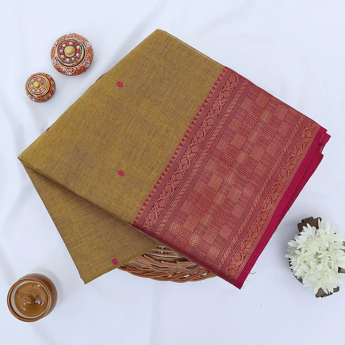 Olive Green Chettinad Cotton Sarees for Women | Office Wear Daily Wear & Special Occasion | Jeyachandran - Full View
