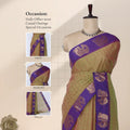 Chettinad cotton saree with checked body elephant zari border in olive and purple front draped mannequin view.